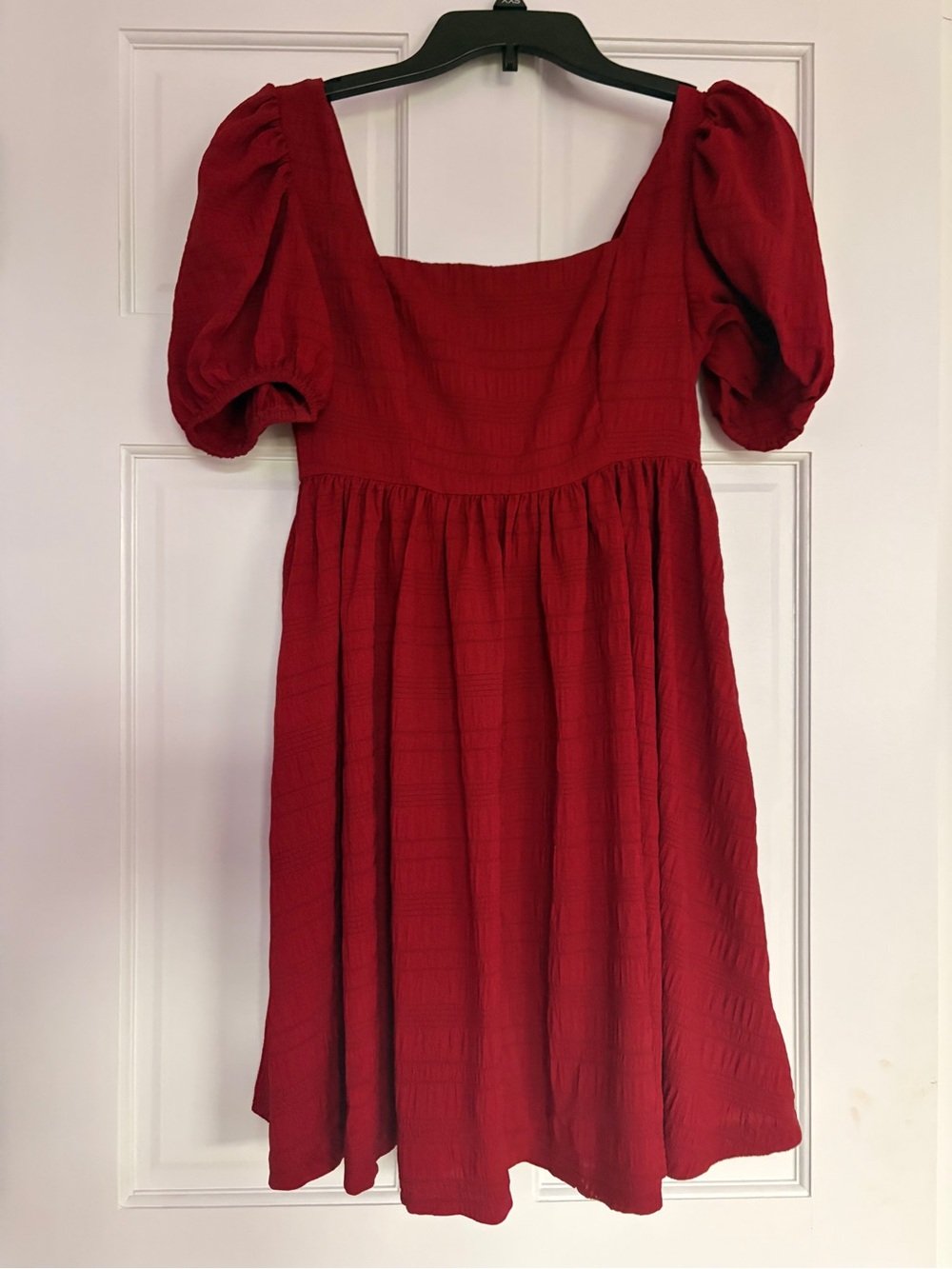 SHEIN Red Textured Puff Sleeve Dress